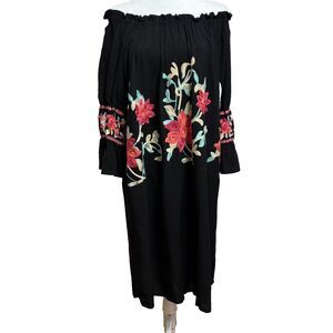 Idea2lifestyle Embroidered Shift Dress Womens M Black Floral Tropical Boho Party